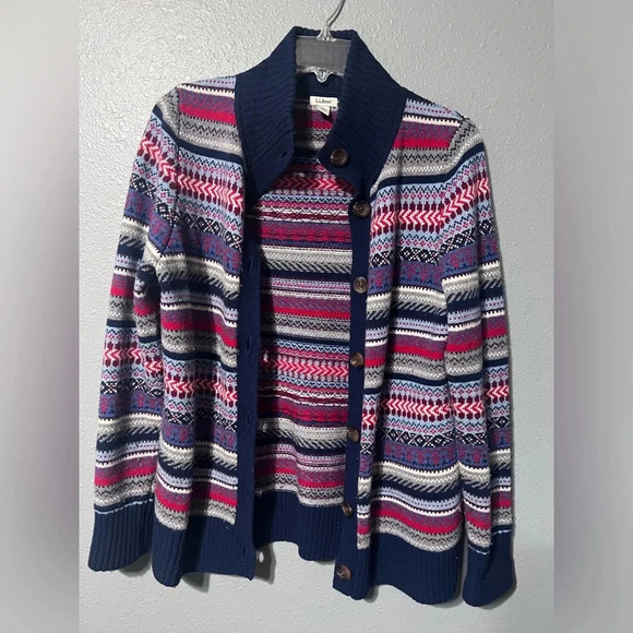 Women's L.L.Bean Striped Multi Colored Sweater Sz MED Merino Wool Big Buttons. - Picture 4 of 6